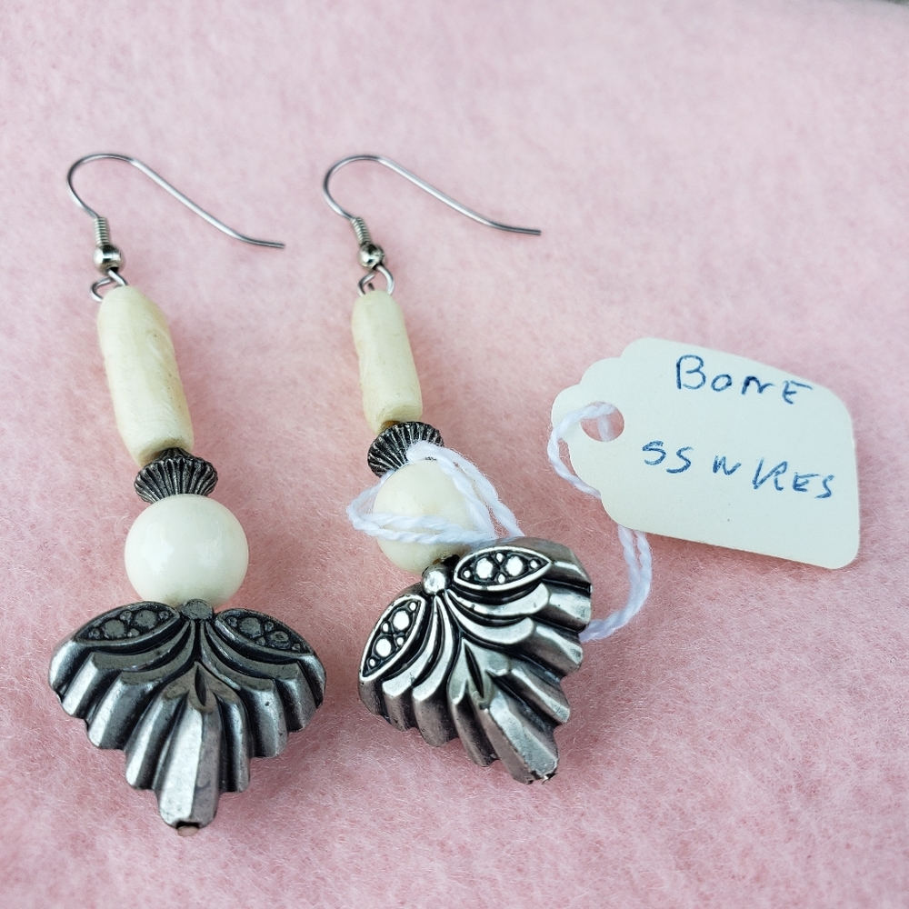 Bone & Silver Plated Beaded Earrings with Surgical Steel Posts